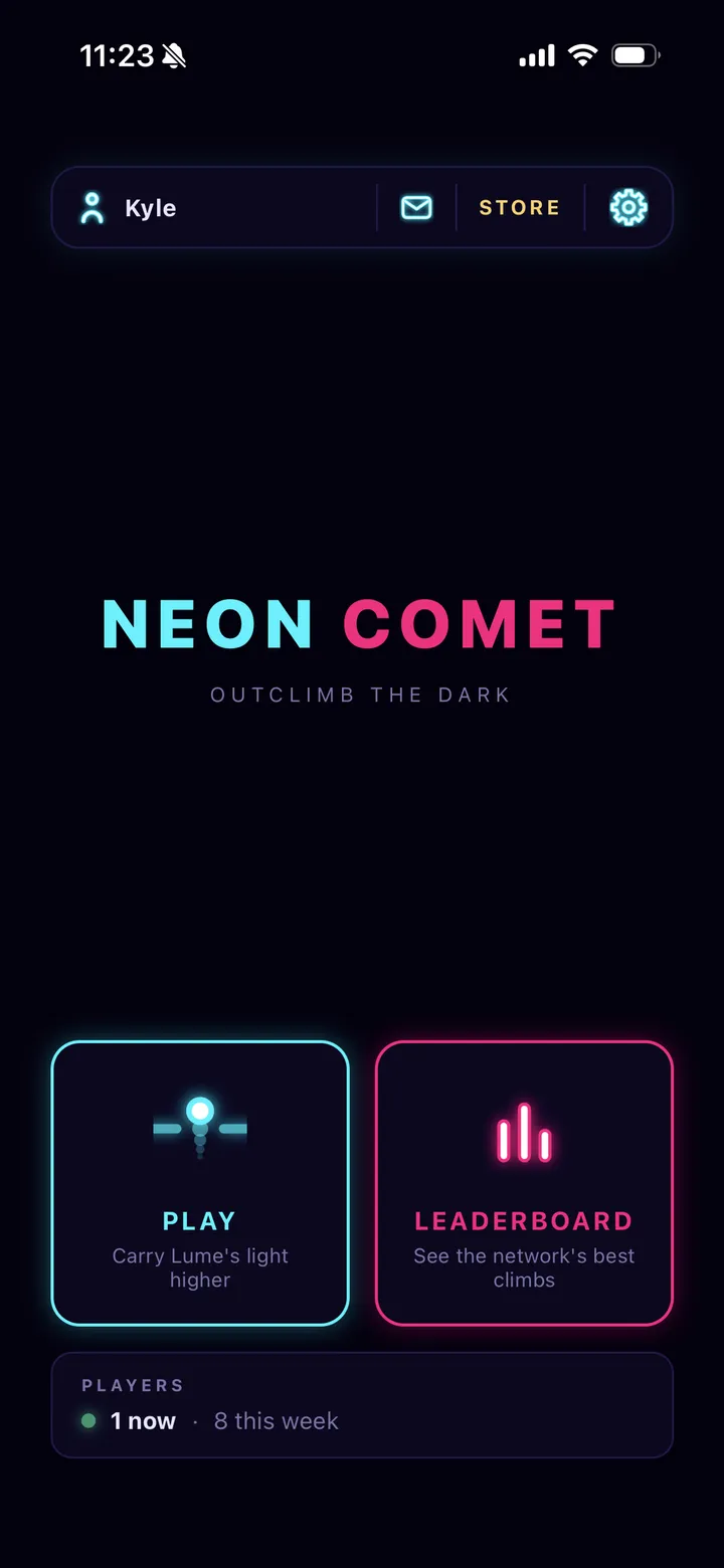 Neon Comet home screen with Play and Leaderboard buttons
