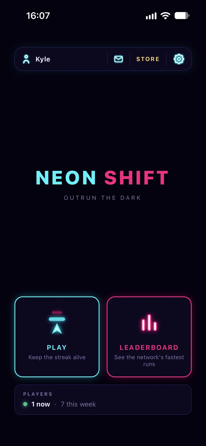 Neon Shift home screen with Play and Leaderboard buttons