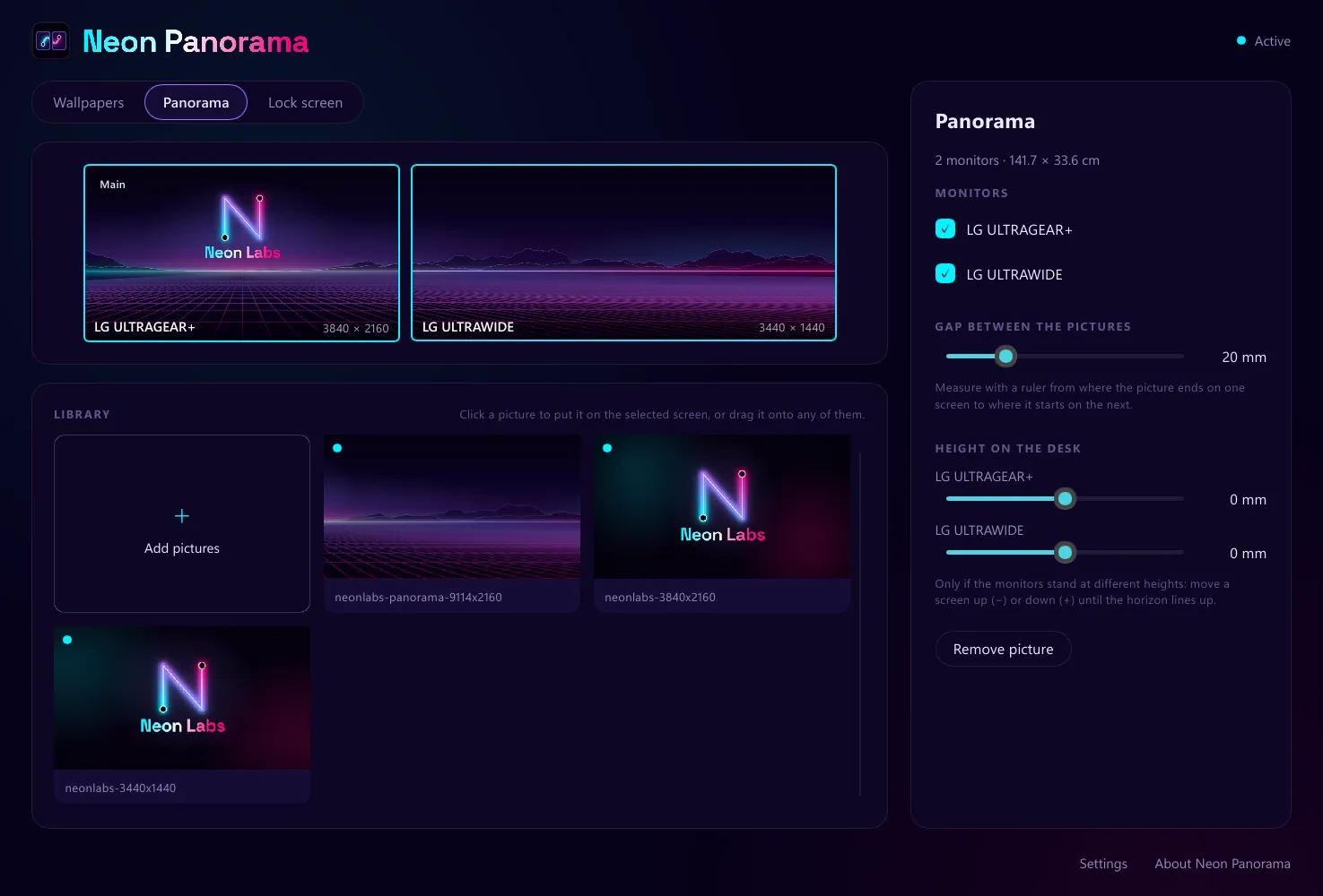 The Neon Panorama window in panorama mode: two monitors side by side, the Neon Labs panorama running across both, and sliders for the gap between the pictures and the height of each screen