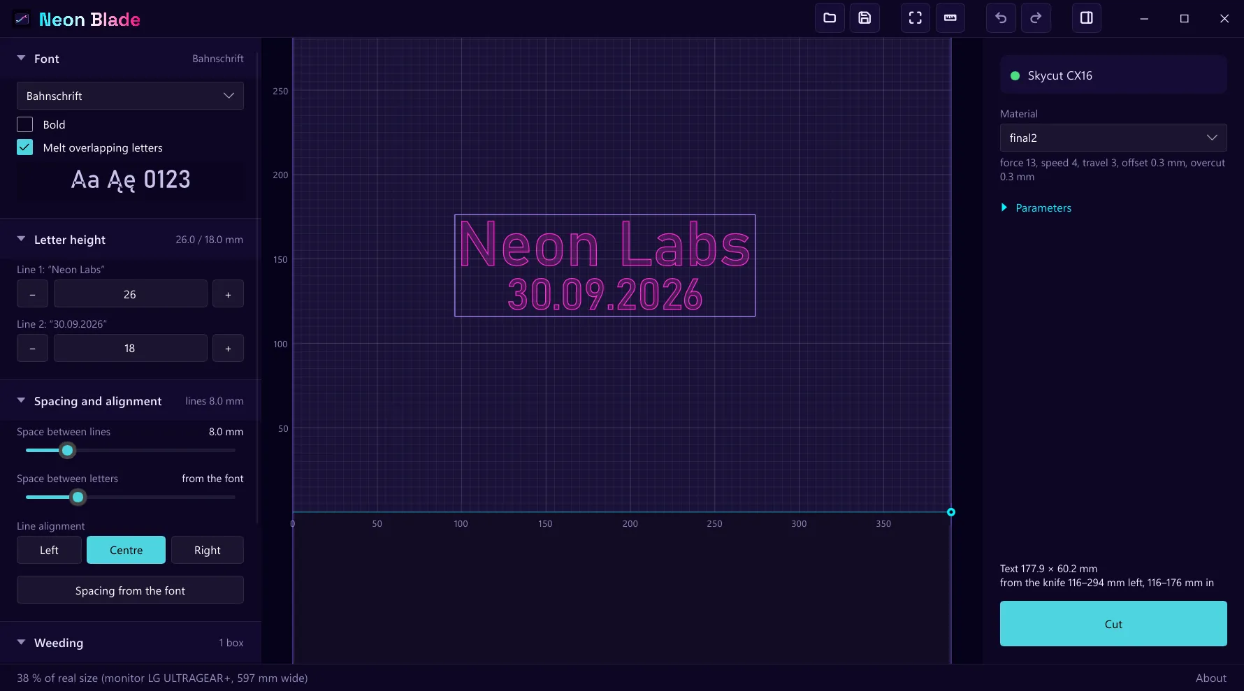 The Neon Blade window: the text “Neon Labs” and a date drawn in outline on the foil, the font and letter settings on the left, the plotter and the Cut button on the right