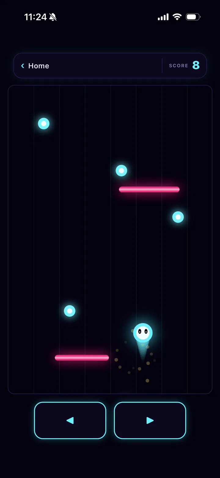 The comet climbing past pink bars toward cyan shards