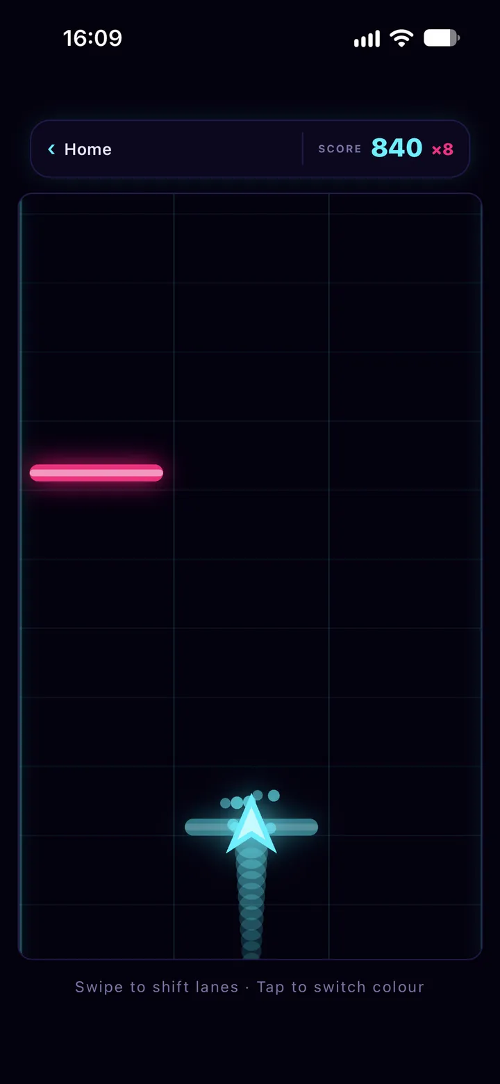 A cyan ship riding its lane at a ×8 multiplier