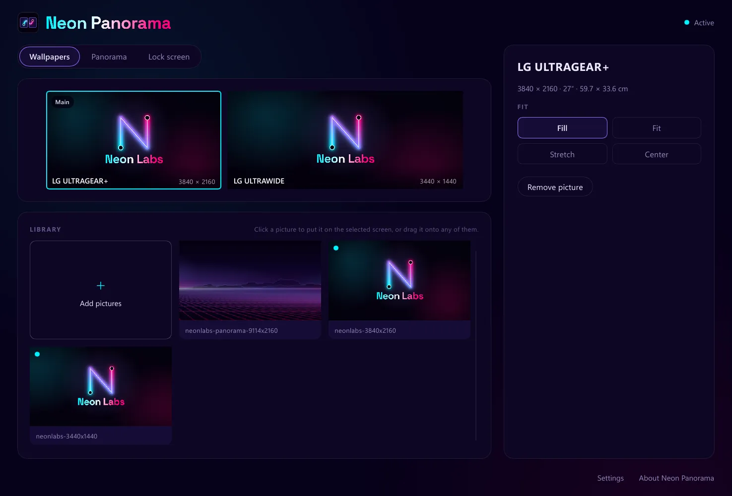 The Neon Panorama window with a picture on each monitor, the main one selected and its fit set to Fill