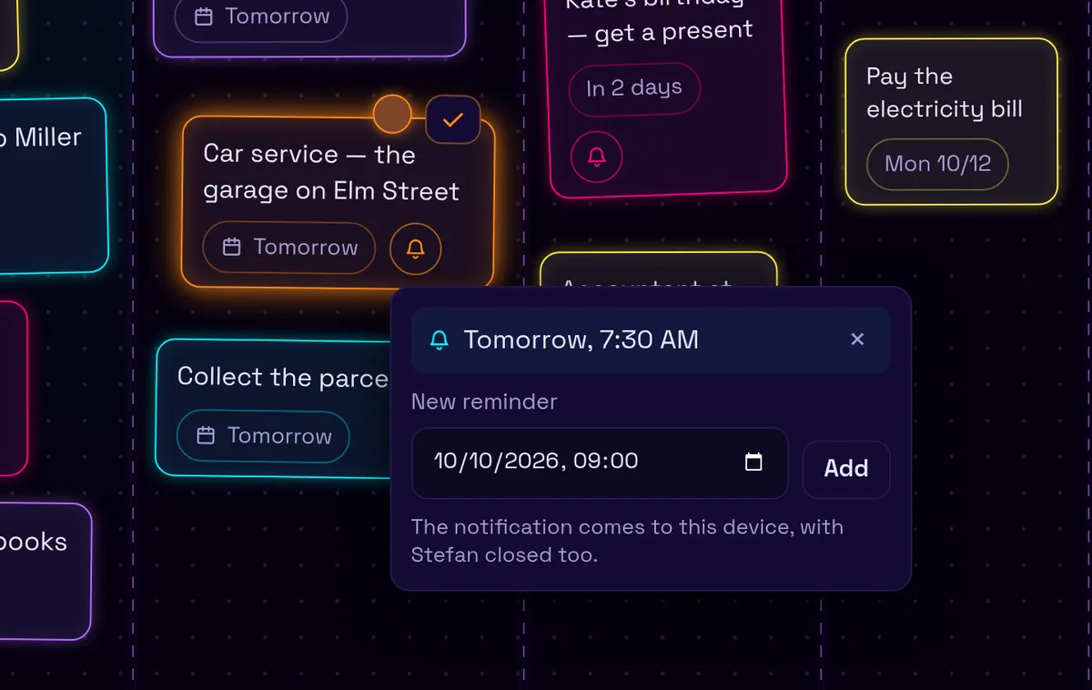 The note “Car service — the garage on Elm Street” with its reminders open: one set for tomorrow at 7:30, a field for the next, and a line saying it arrives even with Stefan closed