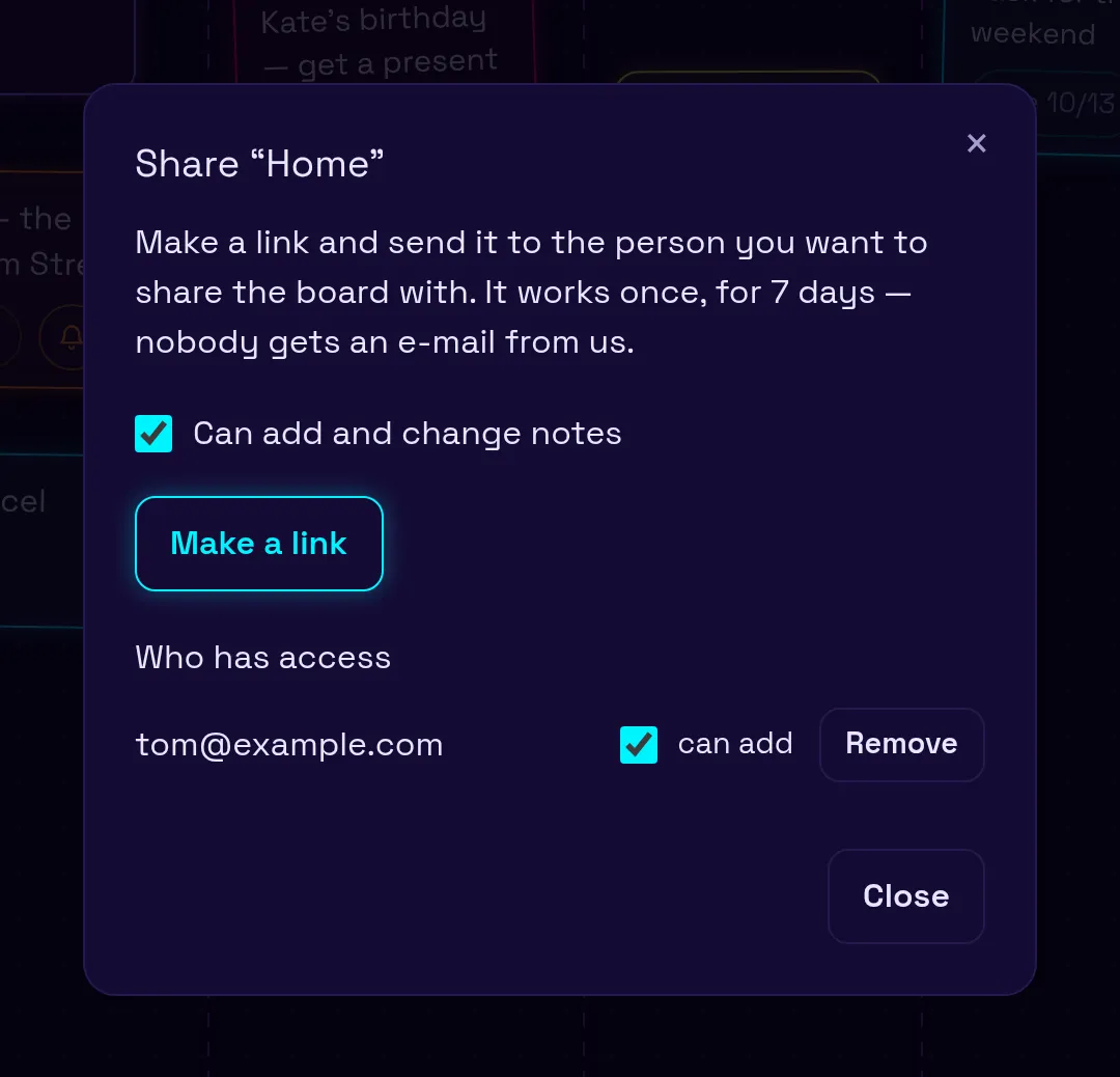 Sharing the board “Home”: a box for whether the person may add and change notes, a Create link button, and one person who has access